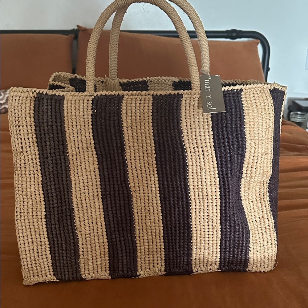 Mar Y Sol Jute Striped Tote - Black and Tan